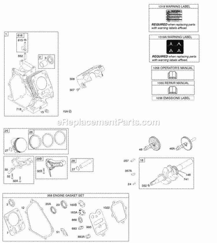 Camshaft Crankshaft Cylinder Piston Group Diagram and Parts List for 126302-0321-B8  Briggs and Stratton Engine